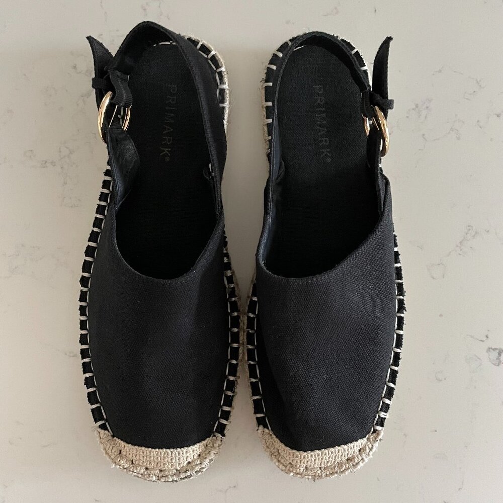 Primark Espadrille Flats Slip On Sandals w Buckle Close Black Cream Sz 8US/39EU